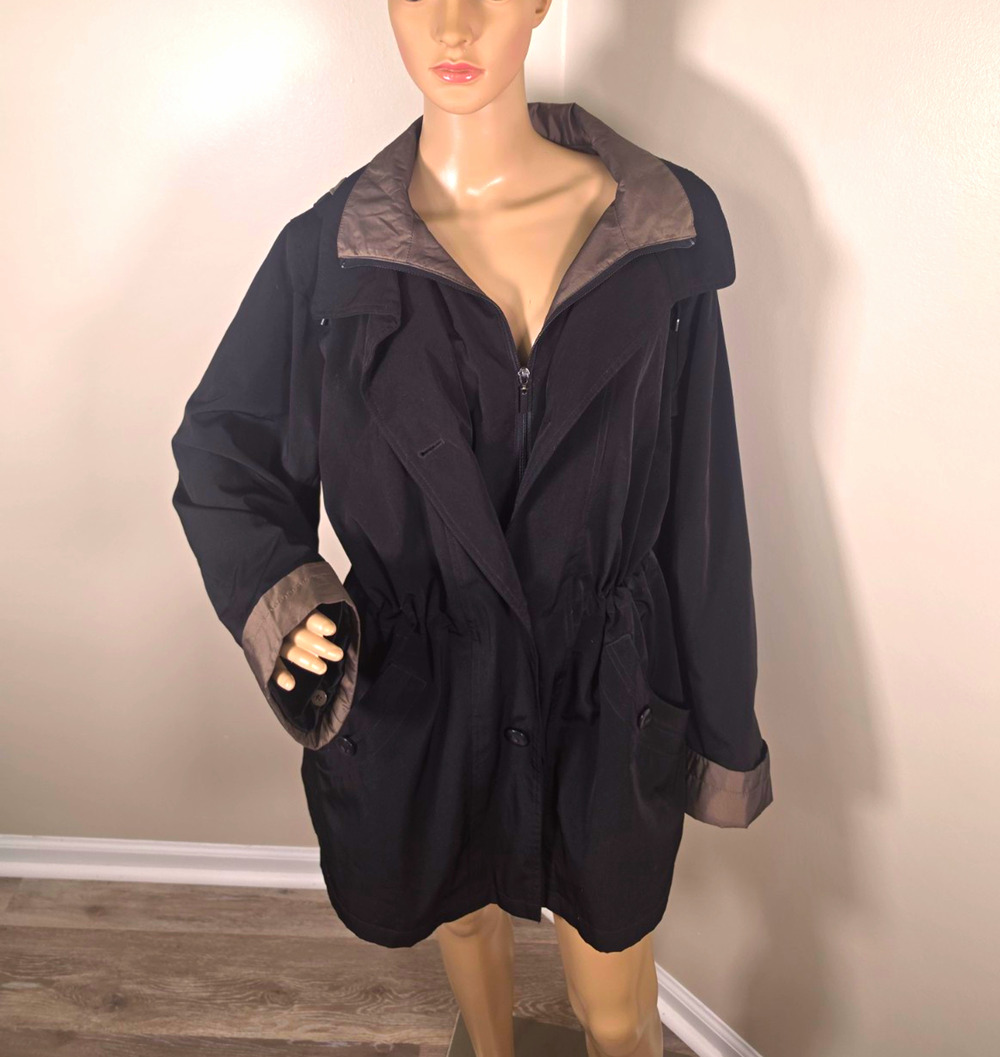 St. John's Bay Women's XL Black Gray Hooded Mid-Length Zip Button Jacket Pockets